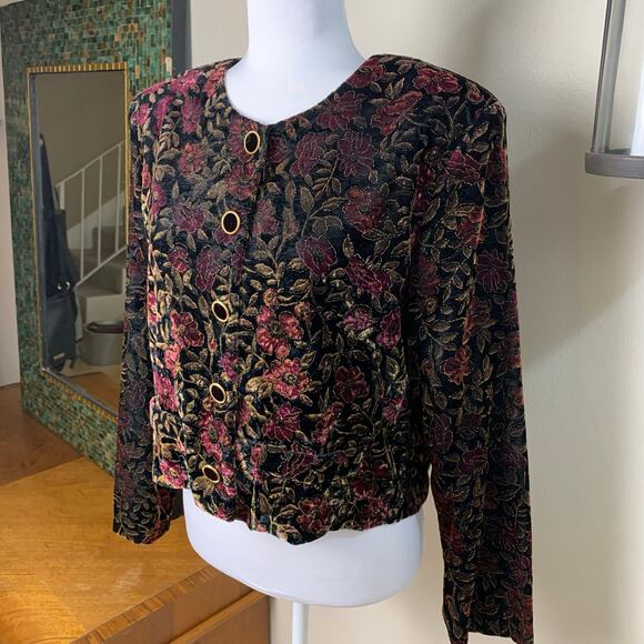 Vintage Size L Velvet Floral Print Crop Jacket Puff Sleeve Gold Etched - Picture 3 of 11